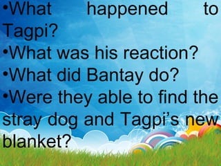 •What happened to
Tagpi?
•What was his reaction?
•What did Bantay do?
•Were they able to find the
stray dog and Tagpi’s new
blanket?
 