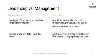 Leadership vs. Management
focus on efficiency to accomplish
organizational goals.
accept and use “status quo” for
work.
12
Management Leadership
questions appropriateness of
procedures, processes, and goals.
monitors ethics of actions.
continually seek improvement, even
if it means changing the status quo.
Waldman, Leadership for Organizations 1e. SAGE Publishing, 2020.
 