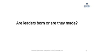 Are leaders born or are they made?
15
Waldman, Leadership for Organizations 1e. SAGE Publishing, 2020.
 