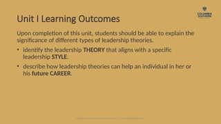 Unit I Learning Outcomes
Upon completion of this unit, students should be able to explain the
significance of different types of leadership theories.
• identify the leadership THEORY that aligns with a specific
leadership STYLE.
• describe how leadership theories can help an individual in her or
his future CAREER.
Waldman, Leadership for Organizations 1e. SAGE Publishing, 2020.
 