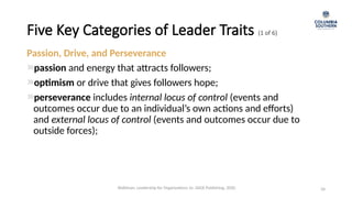 Five Key Categories of Leader Traits (1 of 6)
Passion, Drive, and Perseverance
passion and energy that attracts followers;
optimism or drive that gives followers hope;
perseverance includes internal locus of control (events and
outcomes occur due to an individual’s own actions and efforts)
and external locus of control (events and outcomes occur due to
outside forces);
34
Waldman, Leadership for Organizations 1e. SAGE Publishing, 2020.
 