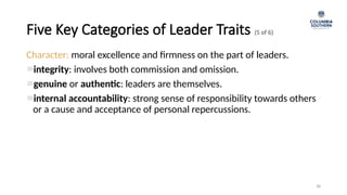 38
Five Key Categories of Leader Traits (5 of 6)
Character: moral excellence and firmness on the part of leaders.
integrity: involves both commission and omission.
genuine or authentic: leaders are themselves.
internal accountability: strong sense of responsibility towards others
or a cause and acceptance of personal repercussions.
 
