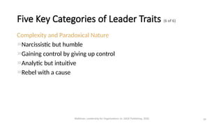 Complexity and Paradoxical Nature
Narcissistic but humble
Gaining control by giving up control
Analytic but intuitive
Rebel with a cause
39
Five Key Categories of Leader Traits (6 of 6)
Waldman, Leadership for Organizations 1e. SAGE Publishing, 2020.
 