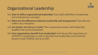 Organizational Leadership
1.1 How to define organizational leadership? Gary Yukl’s definition of leadership
and contemporary concepts.
1.2 What are the differences between leadership and management? Describe Jim
Collins’s bus metaphor.
1.3 Are leaders are borne or made? The compromise answer with leadership
qualities that can be developed.
1.4 How organizations benefit from leadership? And discuss the importance of
CONTEXT to leadership, as well as describe how leadership can be learned
based on both SCIENCE and as an ART.
7
Waldman, Leadership for Organizations 1e. SAGE Publishing, 2020.
 