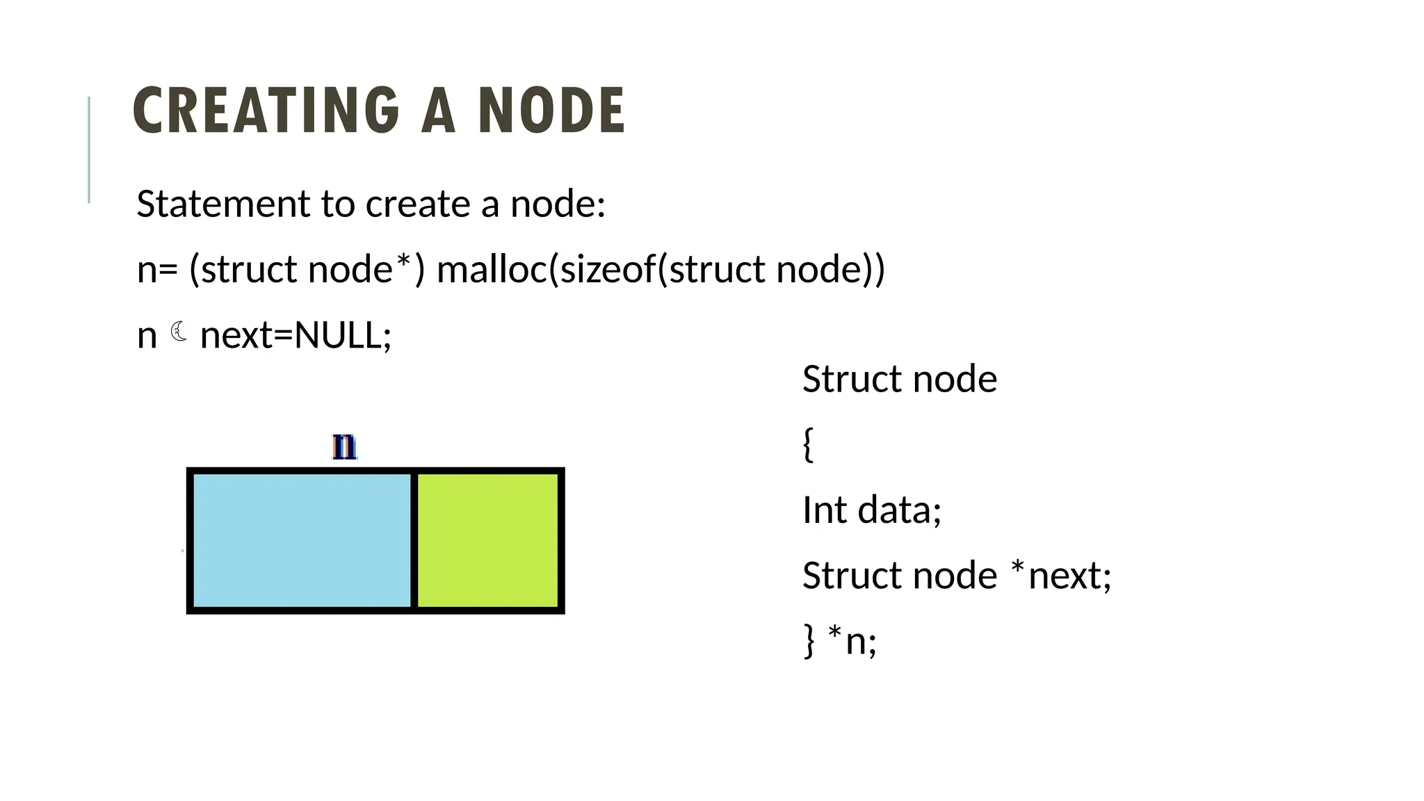 CREATING A NODE
Statement to create a node:
n= (struct node*) malloc(sizeof(struct node))
nnext=NULL;
Struct node
{
Int data;
Struct node *next;
} *n;
 