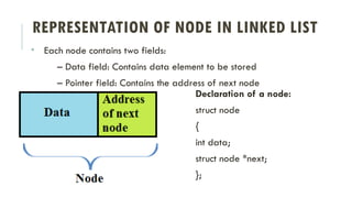 REPRESENTATION OF NODE IN LINKED LIST
• Each node contains two fields:
– Data field: Contains data element to be stored
– Pointer field: Contains the address of next node
Declaration of a node:
struct node
{
int data;
struct node *next;
};
 