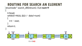 ROUTINE FOR SEARCH AN ELEMENT
structnode* search_dll(intnum) //Let num=9
{
t=head;
while(t!=NULL && tdata!=num)
{
t=tnext;
}
return t;
}
9 != 9 NO
 