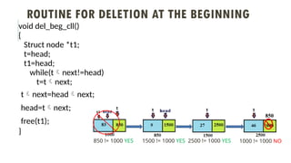 1000
ROUTINE FOR DELETION AT THE BEGINNING
void del_beg_cll()
{
Struct node *t1;
t=head;
t1=head;
while(tnext!=head)
t=tnext;
tnext=headnext;
head=tnext;
free(t1);
}
850 != 1000 YES 1500 != 1000 YES 2500 != 1000 YES 1000 != 1000 NO
850
 