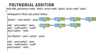 POLYNOMIAL ADDITION
Void add_poly(struct node *poly1, struct node *poly2, struct node *poly)
{
while(poly1!=NULL && poly2!=NULL)
{
if(poly1pow>poly2pow)
{
polypow=poly1pow;
polycoeff=poly1coeff;
ploy1=poly1next;
}
else if(poly1pow < poly2pow)
{
polypow=poly2pow;
polycoeff=poly2coeff;
poly2=poly2next;
}
 