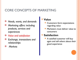 CORE CONCEPTS OF MARKETING

                                     Value
   Needs, wants, and demands          Customers form expectations
   Marketing offers: including         regarding value
    products, services and             Marketers must deliver value to
    experiences                         consumers
   Value and satisfaction           Satisfaction
   Exchange, transactions and
                                         A satisfied customer will buy
                                          again and tell others about their
    relationships                         good experience
    Markets
 