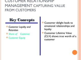CUSTOMER RELATİONSHİP
MANAGEMENT CAPTURING VALUE
FROM CUSTOMERS

    Key Concepts
                          Customer delight leads to
 Customer Loyalty and     emotional relationships and
  Retention                loyalty
 Share of                Customer Lifetime Value
            Customer
 Customer Equity
                           (CLV) shows true worth of a
                           customer
 