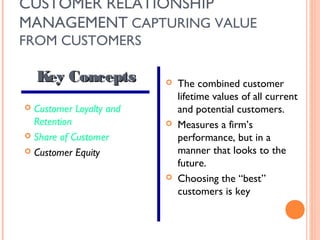 CUSTOMER RELATİONSHİP
MANAGEMENT CAPTURING VALUE
FROM CUSTOMERS

    Key Concepts            The combined customer
                             lifetime values of all current
 Customer Loyalty and       and potential customers.
  Retention                 Measures a firm’s
 Share of Customer          performance, but in a
 Customer Equity            manner that looks to the
                             future.
                            Choosing the “best”
                             customers is key
 