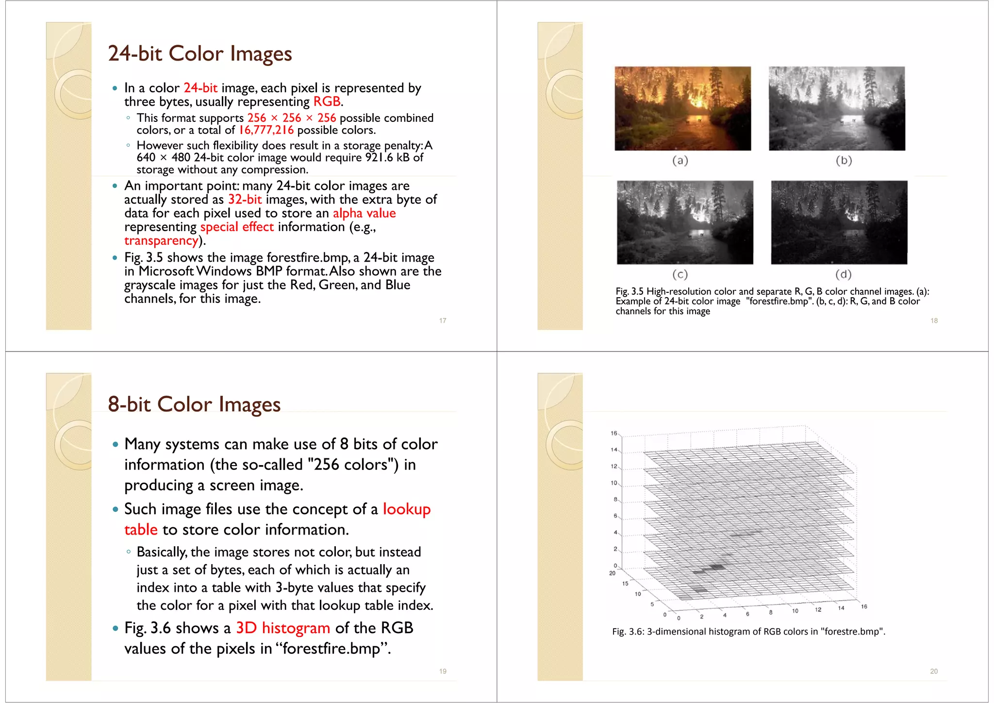 2424--bit Color Imagesbit Color Imagesb t Co o agesb t Co o ages
In a color 24-bit image, each pixel is represented by
th b t ll ti RGBthree bytes, usually representing RGB.
◦ This format supports 256 × 256 × 256 possible combined
colors, or a total of 16,777,216 possible colors.
◦ However such flexibility does result in a storage penalty:A
640 × 480 24-bit color image would require 921.6 kB of
storage without any compression.g y p
An important point: many 24-bit color images are
actually stored as 32-bit images, with the extra byte of
data for each pixel used to store an alpha valuedata for each pixel used to store an alpha value
representing special effect information (e.g.,
transparency).
Fi 3 5 h h i f fi b 24 bi iFig. 3.5 shows the image forestfire.bmp, a 24-bit image
in Microsoft Windows BMP format.Also shown are the
grayscale images for just the Red, Green, and Blueg y g j
channels, for this image.
17
Fig 3 5 High resolution color and separate R G B color channel images (a):Fig. 3.5 High-resolution color and separate R, G, B color channel images. (a):
Example of 24-bit color image "forestfire.bmp". (b, c, d): R, G, and B color
channels for this image
18
88--bit Color Imagesbit Color Images88 b t Co o agesb t Co o ages
Many systems can make use of 8 bits of colory y
information (the so-called "256 colors") in
producing a screen image.producing a screen image.
Such image files use the concept of a lookup
table t st re c l r inf rmati ntable to store color information.
◦ Basically, the image stores not color, but instead
j f b h f hi h i lljust a set of bytes, each of which is actually an
index into a table with 3-byte values that specify
the color for a pixel with that lookup table indexthe color for a pixel with that lookup table index.
Fig. 3.6 shows a 3D histogram of the RGB
l f h l “f f b ”values of the pixels in “forestfire.bmp”.
19
Fig. 3.6: 3‐dimensional histogram of RGB colors in "forestre.bmp".
20
 