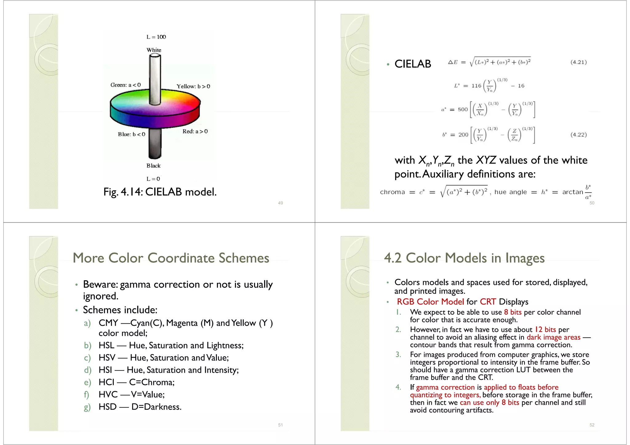 Fig. 4.14: CIELAB model.
49
CIELAB• CIELAB
with X Y Z the XYZ values of the whitewith Xn,Yn,Zn the XYZ values of the white
point.Auxiliary definitions are:
50
More Color Coordinate SchemesMore Color Coordinate SchemesMore Color Coordinate SchemesMore Color Coordinate Schemes
• Beware: gamma correction or not is usually• Beware: gamma correction or not is usually
ignored.
• Schemes include:• Schemes include:
a) CMY —Cyan(C), Magenta (M) andYellow (Y )
color model;color model;
b) HSL — Hue, Saturation and Lightness;
c) HSV Hue Saturation andValue;c) HSV — Hue, Saturation andValue;
d) HSI — Hue, Saturation and Intensity;
e) HCI C=Chroma;e) HCI — C=Chroma;
f) HVC —V=Value;
g) HSD D=Darknessg) HSD — D=Darkness.
51
4 2 Color Models in Images4 2 Color Models in Images4.2 Color Models in Images4.2 Color Models in Images
• Colors models and spaces used for stored, displayed,Colors models and spaces used for stored, displayed,
and printed images.
• RGB Color Model for CRT Displays
1 W b bl 8 b l h l1. We expect to be able to use 8 bits per color channel
for color that is accurate enough.
2. However, in fact we have to use about 12 bits perp
channel to avoid an aliasing effect in dark image areas —
contour bands that result from gamma correction.
3. For images produced from computer graphics, we storeg p p g p ,
integers proportional to intensity in the frame buffer. So
should have a gamma correction LUT between the
frame buffer and the CRT.
4. If gamma correction is applied to floats before
quantizing to integers, before storage in the frame buffer,
then in fact we can use only 8 bits per channel and stilly p
avoid contouring artifacts.
52
 