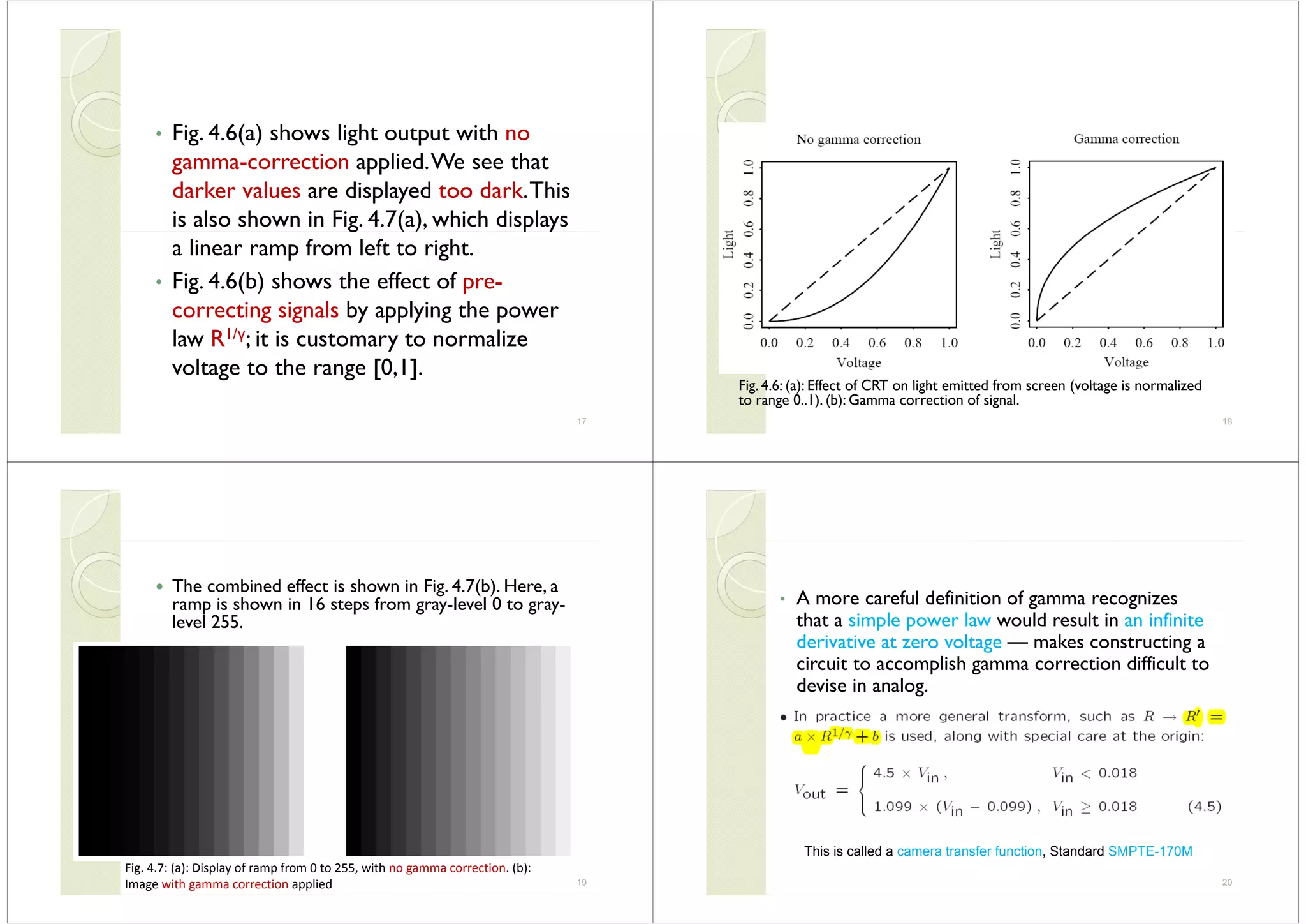 Fig 4 6(a) shows light output with no• Fig. 4.6(a) shows light output with no
gamma-correction applied.We see that
darker values are displayed too dark.This
is also shown in Fig. 4.7(a), which displaysg ( ) p y
a linear ramp from left to right.
• Fig 4 6(b) shows the effect of pre• Fig. 4.6(b) shows the effect of pre-
correcting signals by applying the power
l R1/γ i i lilaw R1/γ; it is customary to normalize
voltage to the range [0,1].
17
Fi 4 6 ( ) Eff t f CRT li ht itt d f ( lt i li dFig. 4.6: (a): Effect of CRT on light emitted from screen (voltage is normalized
to range 0..1). (b): Gamma correction of signal.
18
The combined effect is shown in Fig. 4.7(b). Here, aThe combined effect is shown in Fig. 4.7(b). Here, a
ramp is shown in 16 steps from gray-level 0 to gray-
level 255.
19
Fig. 4.7: (a): Display of ramp from 0 to 255, with no gamma correction. (b): 
Image with gamma correction applied 
A f l d f f• A more careful definition of gamma recognizes
that a simple power law would result in an infinite
derivative at zero voltage makes constructing aderivative at zero voltage — makes constructing a
circuit to accomplish gamma correction difficult to
devise in analog.g
20
This is called a camera transfer function, Standard SMPTE-170M
 