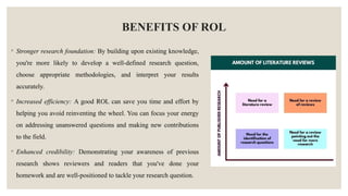 BENEFITS OF ROL
◦ Stronger research foundation: By building upon existing knowledge,
you're more likely to develop a well-defined research question,
choose appropriate methodologies, and interpret your results
accurately.
◦ Increased efficiency: A good ROL can save you time and effort by
helping you avoid reinventing the wheel. You can focus your energy
on addressing unanswered questions and making new contributions
to the field.
◦ Enhanced credibility: Demonstrating your awareness of previous
research shows reviewers and readers that you've done your
homework and are well-positioned to tackle your research question.
 