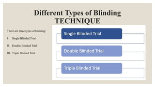 Different Types of Blinding
TECHNIQUE
There are three types of blinding:
I. Single Blinded Trial
II. Double-Blinded Trial
III. Triple Blinded Trial
 