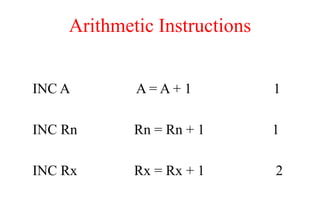 Arithmetic Instructions
INC A A = A + 1 1
INC Rn Rn = Rn + 1 1
INC Rx Rx = Rx + 1 2
 