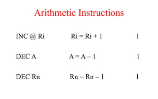 Arithmetic Instructions
INC @ Ri Ri = Ri + 1 1
DEC A A = A – 1 1
DEC Rn Rn = Rn – 1 1
 