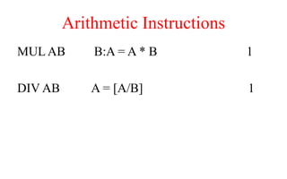 Arithmetic Instructions
MUL AB B:A = A * B 1
DIV AB A = [A/B] 1
 