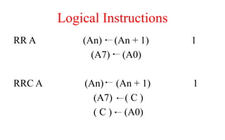 Logical Instructions
RR A (An) (An + 1) 1
(A7) (A0)
RRC A (An) (An + 1) 1
(A7) ( C )
( C ) (A0)
 