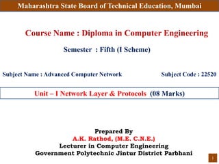 Maharashtra State Board of Technical Education, Mumbai
Subject Name : Advanced Computer Network Subject Code : 22520
Prepared By
A.K. Rathod, (M.E. C.N.E.)
Lecturer in Computer Engineering
Government Polytechnic Jintur District Parbhani
1
Course Name : Diploma in Computer Engineering
Semester : Fifth (I Scheme)
Unit – I Network Layer & Protocols (08 Marks)
 