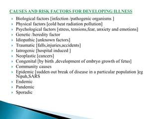  Biological factors [infection /pathogenic organisms ]
 Physical factors [cold heat radiation pollution]
 Psychological factors [stress, tensions,fear, anxiety and emotions]
 Genetic /heredity factor
 Idiopathic [unknown factors]
 Traumatic [falls,injuries,accidents]
 Iatrogenic [hospital induced ]
 Neoplastic [cancers]
 Congenital [by birth ,development of embryo growth of fetus]
 Community causes
 Epidemic [sudden out break of disease in a particular population ]eg
Nipah,SARS
 Endemic
 Pandemic
 Sporadic
 