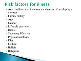  Any condition that increases the chances of developing a
diseases
 Family history
 Age
 Gender
 Lifestyle practices
 Habits
 Sedentary life style
 Physical inactivity
 Diet
 Culture
 Beliefs
 Religious
 