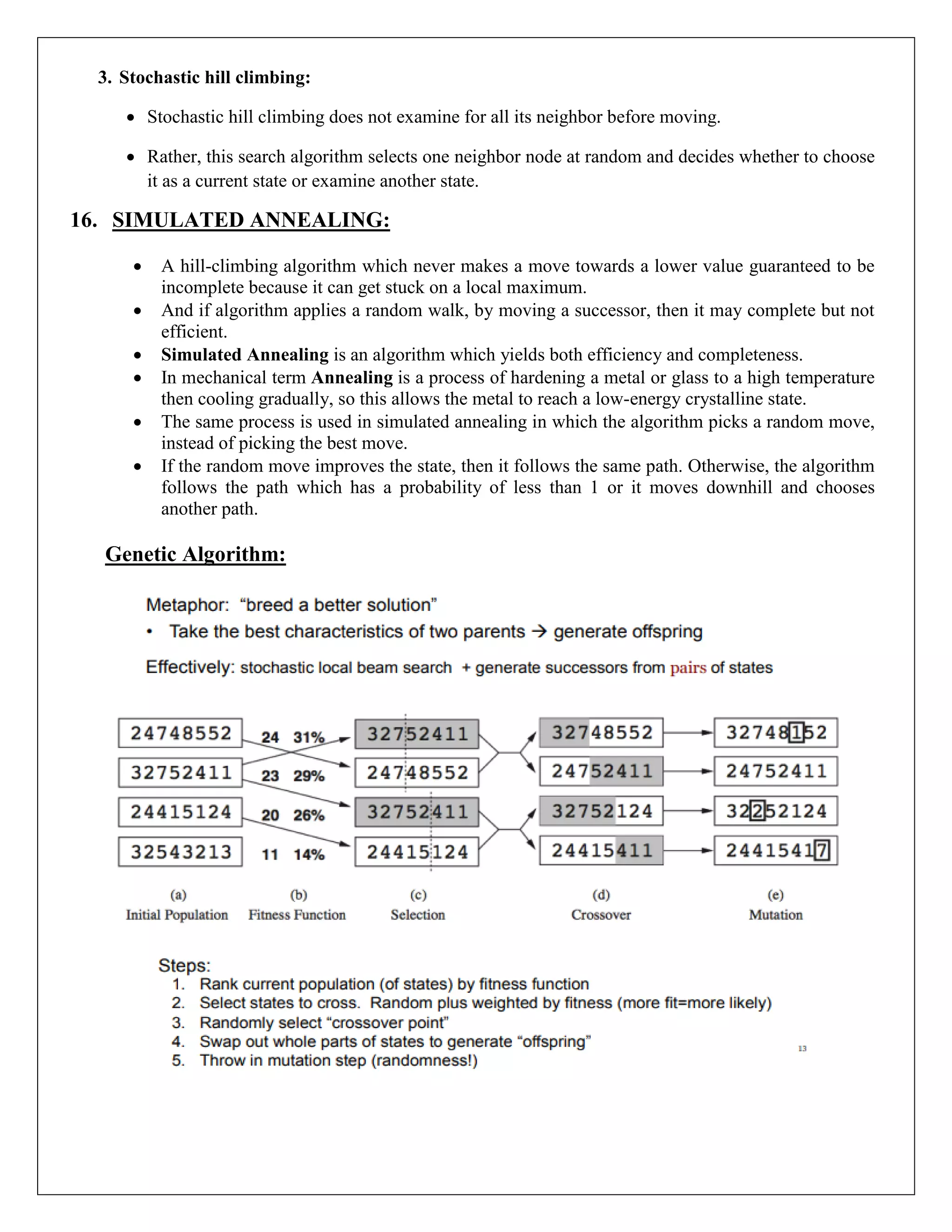 3. Stochastic hill climbing:
 Stochastic hill climbing does not examine for all its neighbor before moving.
 Rather, this search algorithm selects one neighbor node at random and decides whether to choose
it as a current state or examine another state.
16. SIMULATED ANNEALING:
 A hill-climbing algorithm which never makes a move towards a lower value guaranteed to be
incomplete because it can get stuck on a local maximum.
 And if algorithm applies a random walk, by moving a successor, then it may complete but not
efficient.
 Simulated Annealing is an algorithm which yields both efficiency and completeness.
 In mechanical term Annealing is a process of hardening a metal or glass to a high temperature
then cooling gradually, so this allows the metal to reach a low-energy crystalline state.
 The same process is used in simulated annealing in which the algorithm picks a random move,
instead of picking the best move.
 If the random move improves the state, then it follows the same path. Otherwise, the algorithm
follows the path which has a probability of less than 1 or it moves downhill and chooses
another path.
Genetic Algorithm:
 