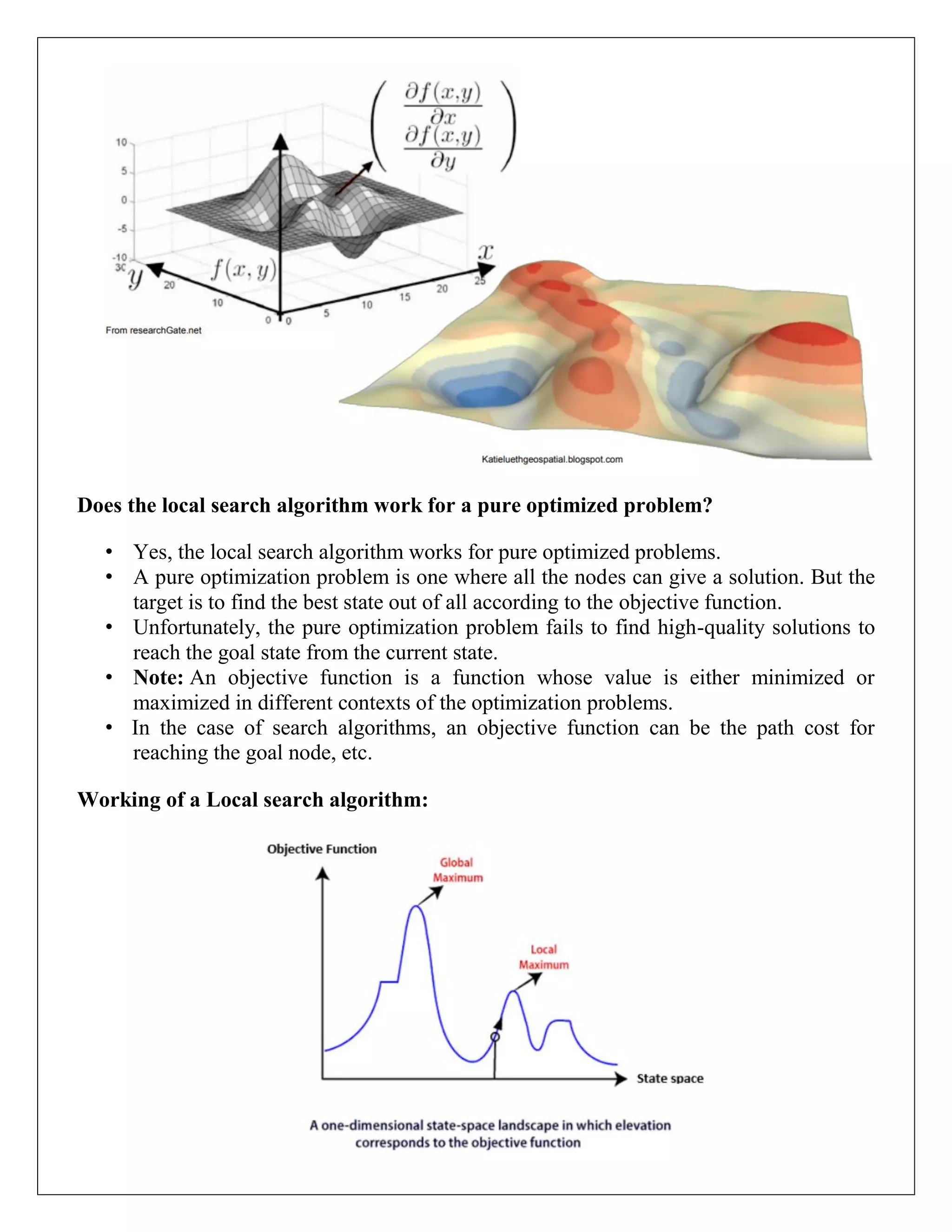 Does the local search algorithm work for a pure optimized problem?
• Yes, the local search algorithm works for pure optimized problems.
• A pure optimization problem is one where all the nodes can give a solution. But the
target is to find the best state out of all according to the objective function.
• Unfortunately, the pure optimization problem fails to find high-quality solutions to
reach the goal state from the current state.
• Note: An objective function is a function whose value is either minimized or
maximized in different contexts of the optimization problems.
• In the case of search algorithms, an objective function can be the path cost for
reaching the goal node, etc.
Working of a Local search algorithm:
 