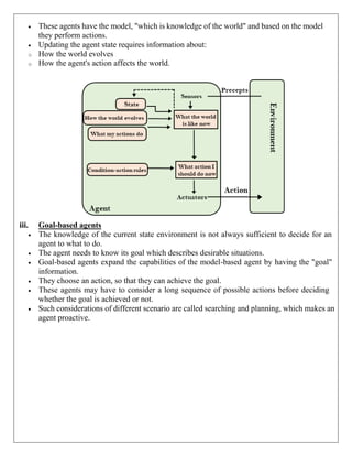  These agents have the model, "which is knowledge of the world" and based on the model
they perform actions.
 Updating the agent state requires information about:
o How the world evolves
o How the agent's action affects the world.
iii. Goal-based agents
 The knowledge of the current state environment is not always sufficient to decide for an
agent to what to do.
 The agent needs to know its goal which describes desirable situations.
 Goal-based agents expand the capabilities of the model-based agent by having the "goal"
information.
 They choose an action, so that they can achieve the goal.
 These agents may have to consider a long sequence of possible actions before deciding
whether the goal is achieved or not.
 Such considerations of different scenario are called searching and planning, which makes an
agent proactive.
 