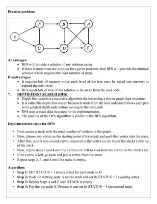 Practice problem:
Advantages:
 BFS will provide a solution if any solution exists.
 If there is more than one solution for a given problem, then BFS will provide the minimal
solution which requires the least number of steps.
Disadvantages:
 It requires lots of memory since each level of the tree must be saved into memory to
expand the next level.
 BFS needs lots of time if the solution is far away from the root node.
7. DEPTH-FIRST SEARCH (DFS):
 Depth-first search is a recursive algorithm for traversing a tree or graph data structure.
 It is called the depth-first search because it starts from the root node and follows each path
to its greatest depth node before moving to the next path.
 DFS uses a stack data structure for its implementation.
 The process of the DFS algorithm is similar to the BFS algorithm.
Implementation steps for DFS:
• First, create a stack with the total number of vertices in the graph.
• Now, choose any vertex as the starting point of traversal, and push that vertex into the stack.
• After that, push a non-visited vertex (adjacent to the vertex on the top of the stack) to the top
of the stack.
• Now, repeat steps 3 and 4 until no vertices are left to visit from the vertex on the stack's top.
• If no vertex is left, go back and pop a vertex from the stack.
• Repeat steps 2, 3, and 4 until the stack is empty.
Algorithm:
• Step 1: SET STATUS = 1 (ready state) for each node in G
• Step 2: Push the starting node A on the stack and set its STATUS = 2 (waiting state)
• Step 3: Repeat Steps 4 and 5 until STACK is empty
• Step 4: Pop the top node N. Process it and set its STATUS = 3 (processed state)
 