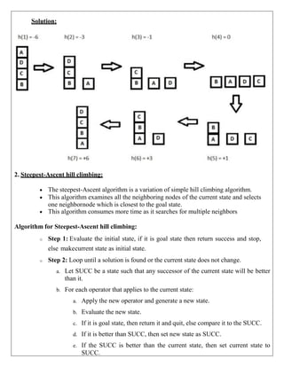 Solution:
2. Steepest-Ascent hill climbing:
 The steepest-Ascent algorithm is a variation of simple hill climbing algorithm.
 This algorithm examines all the neighboring nodes of the current state and selects
one neighbornode which is closest to the goal state.
 This algorithm consumes more time as it searches for multiple neighbors
Algorithm for Steepest-Ascent hill climbing:
o Step 1: Evaluate the initial state, if it is goal state then return success and stop,
else makecurrent state as initial state.
o Step 2: Loop until a solution is found or the current state does not change.
a. Let SUCC be a state such that any successor of the current state will be better
than it.
b. For each operator that applies to the current state:
a. Apply the new operator and generate a new state.
b. Evaluate the new state.
c. If it is goal state, then return it and quit, else compare it to the SUCC.
d. If it is better than SUCC, then set new state as SUCC.
e. If the SUCC is better than the current state, then set current state to
SUCC.
 