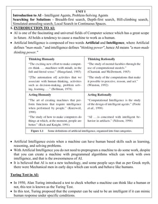 UNIT I
Introduction to AI - Intelligent Agents, Problem-Solving Agents
Searching for Solutions - Breadth-first search, Depth-first search, Hill-climbing search,
Simulated annealing search, Local Search in Continuous Spaces.
1. INTRODUCTION TO AI:
 AI is one of the fascinating and universal fields of Computer science which has a great scope
in future. AI holds a tendency to cause a machine to work as a human.
 Artificial Intelligence is composed of two words Artificial and Intelligence, where Artificial
defines "man-made," and intelligence defines "thinking power", hence AI means "a man-made
thinking power."
 Artificial Intelligence exists when a machine can have human based skills such as learning,
reasoning, and solving problems.
 With Artificial Intelligence you do not need to preprogram a machine to do some work, despite
that you can create a machine with programmed algorithms which can work with own
intelligence, and that is the awesomeness of AI.
 It is believed that AI is not a new technology, and some people says that as per Greek myth,
there were Mechanical men in early days which can work and behave like humans.
Turing Test in AI:
 In 1950, Alan Turing introduced a test to check whether a machine can think like a human or
not, this test is known as the Turing Test.
 In this test, Turing proposed that the computer can be said to be an intelligent if it can mimic
human response under specific conditions.
 