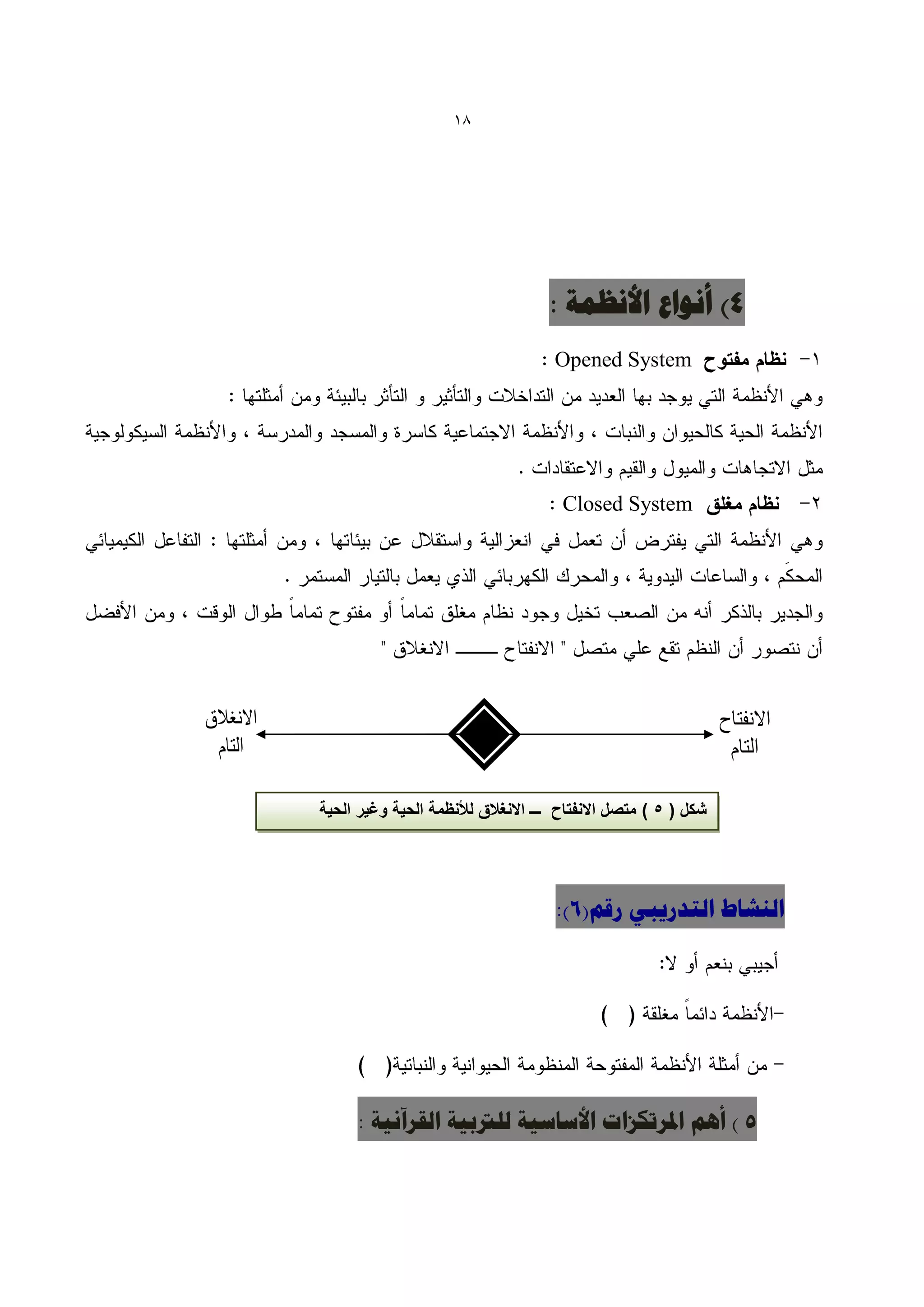 ‫81‬




                                    ‫4) أًْاع األًظوخ :‬
                                     ‫‪Opened System‬‬




                                      ‫‪Closed System‬‬




‫شكل ( 0 ) متصل االنفتاح ـــ االنغالق لألنظمة الحٌة وغٌر الحٌة‬




                                     ‫الٌشبط التذسٗجٖ سقن(6):‬




      ‫5 ) أُن املشتكضاد األعبع٘خ للرتث٘خ القشآً٘خ :‬
 