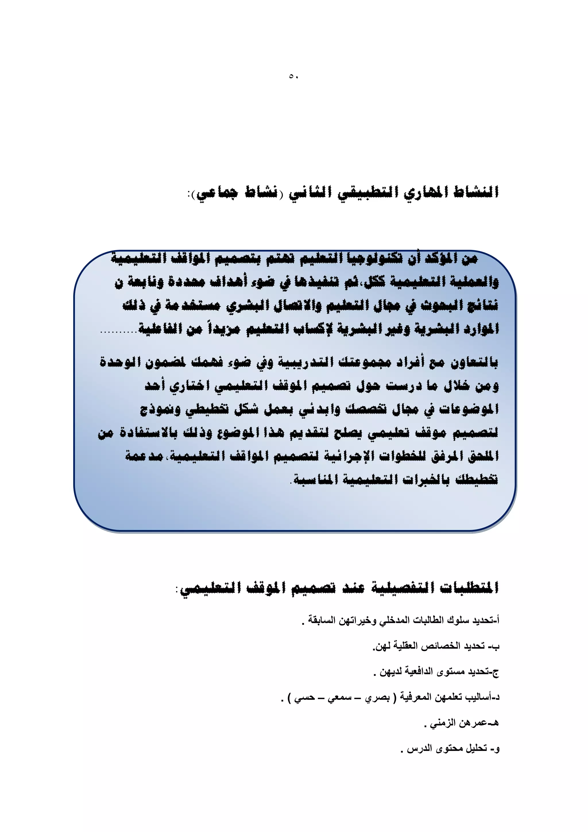 ‫15‬




               ‫انُشبط املهبسي انزطجٍمً انضبًَ (َشبط مجبػً):‬



  ‫يٍ املؤكذ أٌ ركُىنىعٍب انزؼهٍى رهزى ثزصًٍى املىالف انزؼهًٍٍخ‬
  ‫حمذدح وَبثؼخ ٌ‬     ‫وانؼًهٍخ انزؼهًٍٍخ ككم،صى رُفٍزهب يف ضىء أهذا‬
   ‫َزبئظ انجحىس يف جمبل انزؼهٍى واالرصبل انجششي يضزخذيخ يف رنك‬
‫املىاسد انجششٌخ وغري انجششٌخ إلكضبة انزؼهٍى يزٌذا يٍ انفبػهٍخ..........‬

‫ثبنزؼبوٌ يغ أفشاد جمًىػزك انزذسٌجٍخ ويف ضىء فهًك ملضًىٌ انىحذح‬
       ‫ويٍ خالل يب دسصذ حىل رصًٍى املىلف انزؼهًًٍ اخزبسي أحذ‬
       ‫املىضىػبد يف جمبل ختصصك واثذئً ثؼًم شكم ختطٍطً ومنىرط‬
‫نزصًٍى يىلف رؼهًًٍ ٌصهح نزمذٌى هزا املىضىع ورنك ثبالصزفبدح يٍ‬
    ‫املهحك املشفك نهخطىاد اإلعشائٍخ نزصًٍى املىالف انزؼهًٍٍخ،يذػًخ‬
                                 ‫ختطٍطك ثبخلرباد انزؼهًٍٍخ املُبصجخ.‬




             ‫املزطهجبد انزفصٍهٍخ ػُذ رصًٍى املىلف انزؼهًًٍ:‬

                                      ‫أ-تحدٌد سلوك الطالبات المدخلً وخٌراتهن السابقة .‬

                                                       ‫ب- تحدٌد الخصائص العقلٌة لهن.‬

                                                       ‫ج-تحدٌد مستوى الدافعٌة لدٌهن .‬

                                ‫د-أسالٌب تعلمهن المعرفٌة ( بصري – سمعً – حسً ) .‬

                                                                   ‫هـ-عمرهن الزمنً .‬

                                                             ‫و- تحلٌل محتوى الدرس .‬
 