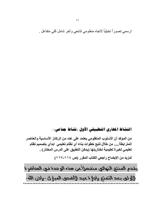 ‫62‬


         ‫ارسمً تصوراً تخٌلٌا ً التجاه منظومً تتابعً وآخر شامل كلً متفاعل .‬




                 ‫انُشبط املهبسي انزطجٍمً األول (َشبط مجبػً) :‬

‫يٍ انًؤكذ أٌ األسهٕب انًُظٕيً ٌعخًذ عهى عذد يٍ انزكائز األساسٍت ٔانعُاصز‬
  ‫انًخزابطت..... يٍ خالل حخبع خطٕاث بُاء أي َظاو حعهًًٍ ابذأي بخصًٍى َظاو‬
         ‫حعهًًٍ نخبزة حعهًٍٍت حخخارٌُٓا (ًٌكٍ انخطبٍك عهى انذرس انًخخار) .‬
                    ‫نًزٌذ يٍ اإلٌضاح راجعً انكخاب انًمزر (ص 111-111)‬
                                        ‫ً‬
‫يقدم املنتج النهائي هنفصال عي هره الىحدة يف احملاضسة‬

‫األوىل بعد التوتع بإجاشة عيد األضحى املبازك- بإذى اهلل-‬
 