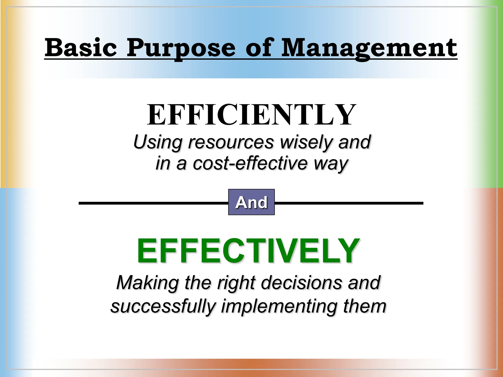 Basic Purpose of Management
EFFICIENTLY
Using resources wisely and
in a cost-effective way
EFFECTIVELY
Making the right decisions and
successfully implementing them
And
 