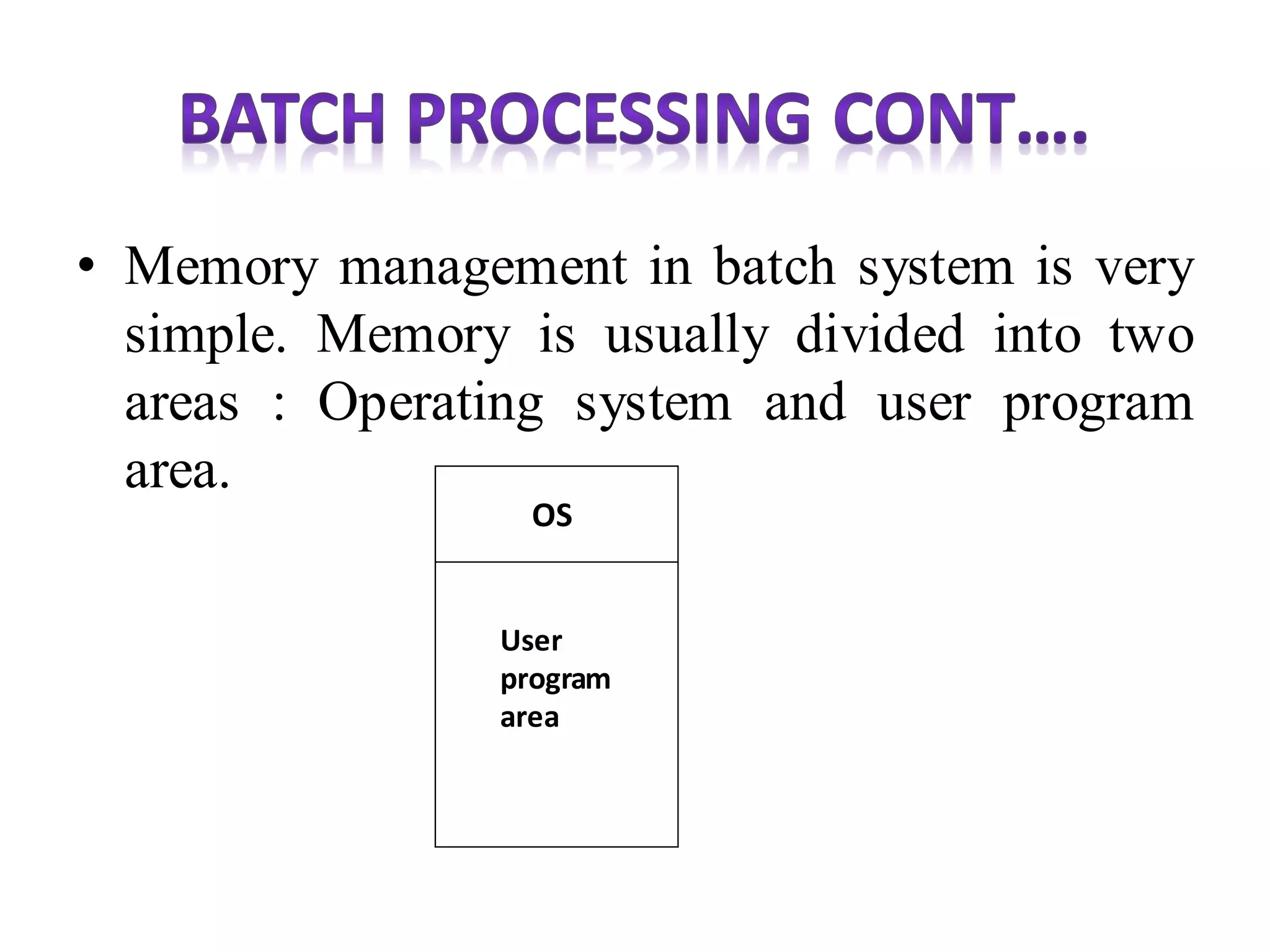 • Memory management in batch system is very
simple. Memory is usually divided into two
areas : Operating system and user program
area.
OS
User
program
area
 