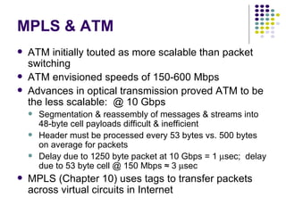 MPLS & ATM ATM initially touted as more scalable than packet switching ATM envisioned speeds of 150-600 Mbps Advances in optical transmission proved ATM to be the less scalable:  @ 10 Gbps Segmentation & reassembly of messages & streams into 48-byte cell payloads difficult & inefficient Header must be processed every 53 bytes vs. 500 bytes on average for packets Delay due to 1250 byte packet at 10 Gbps = 1   sec;  delay due to 53 byte cell @ 150 Mbps  ≈ 3   sec   MPLS (Chapter 10) uses tags to transfer packets across virtual circuits in Internet 