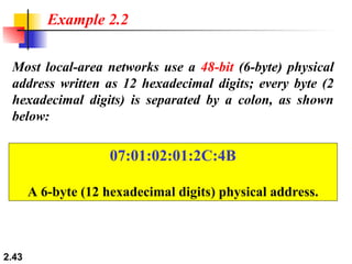2.43
Most local-area networks use a 48-bit (6-byte) physical
address written as 12 hexadecimal digits; every byte (2
hexadecimal digits) is separated by a colon, as shown
below:
Example 2.2
07:01:02:01:2C:4B
A 6-byte (12 hexadecimal digits) physical address.
 