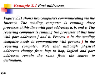 2.49
Figure 2.21 shows two computers communicating via the
Internet. The sending computer is running three
processes at this time with port addresses a, b, and c. The
receiving computer is running two processes at this time
with port addresses j and k. Process a in the sending
computer needs to communicate with process j in the
receiving computer. Note that although physical
addresses change from hop to hop, logical and port
addresses remain the same from the source to
destination.
Example 2.4 Port addresses
 