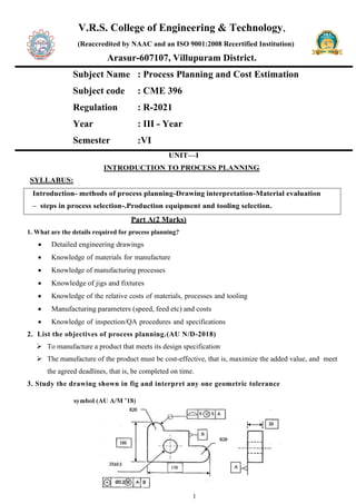 Process Planning and cost Estimation (Regulation 2021) | PDF