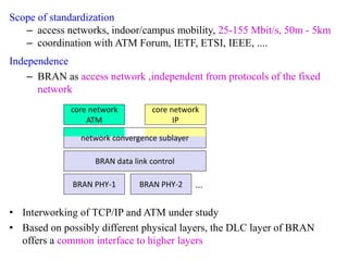 Scope of standardization
– access networks, indoor/campus mobility, 25-155 Mbit/s, 50m - 5km
– coordination with ATM Forum, IETF, ETSI, IEEE, ....
Independence
– BRAN as access network ,independent from protocols of the fixed
network
• Interworking of TCP/IP and ATM under study
• Based on possibly different physical layers, the DLC layer of BRAN
offers a common interface to higher layers
core network
ATM
core network
IP
network convergence sublayer
BRAN data link control
BRAN PHY-1 BRAN PHY-2 ...
 
