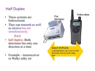 Half Duplex
• These systems are
bidirectional.
• They can transmit as well
as receive but not
simultaneously
(i.e.)
• half duplex: Both
directions but only one
direction at a time
• Example – transreceiver
or Walky talky set
 