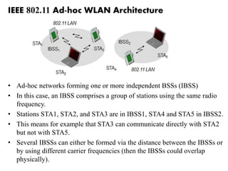 IEEE 802.11 Ad-hoc WLAN Architecture
• Ad-hoc networks forming one or more independent BSSs (IBSS)
• In this case, an IBSS comprises a group of stations using the same radio
frequency.
• Stations STA1, STA2, and STA3 are in IBSS1, STA4 and STA5 in IBSS2.
• This means for example that STA3 can communicate directly with STA2
but not with STA5.
• Several IBSSs can either be formed via the distance between the IBSSs or
by using different carrier frequencies (then the IBSSs could overlap
physically).
 
