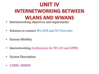 UNIT IV
INTERNETWORKING BETWEEN
WLANS AND WWANS
• Internetworking objectives and requirements
• Schemes to connect WLANS and 3G Networks
• Session Mobility
• Internetworking Architecture for WLAN and GPRS
• System Description
• LMDS, MMDS
 