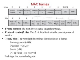 MAC frames
• Frame control: The first 2 bytes serve several purposes.
• Protocol version(2 bis): This 2 bit field indicates the current protocol
version
• Type(2 bis): The type field determines the function of a frame:
management (=00),
control (=01), or
data (=10)
The value 11 is reserved
Each type has several subtypes
 