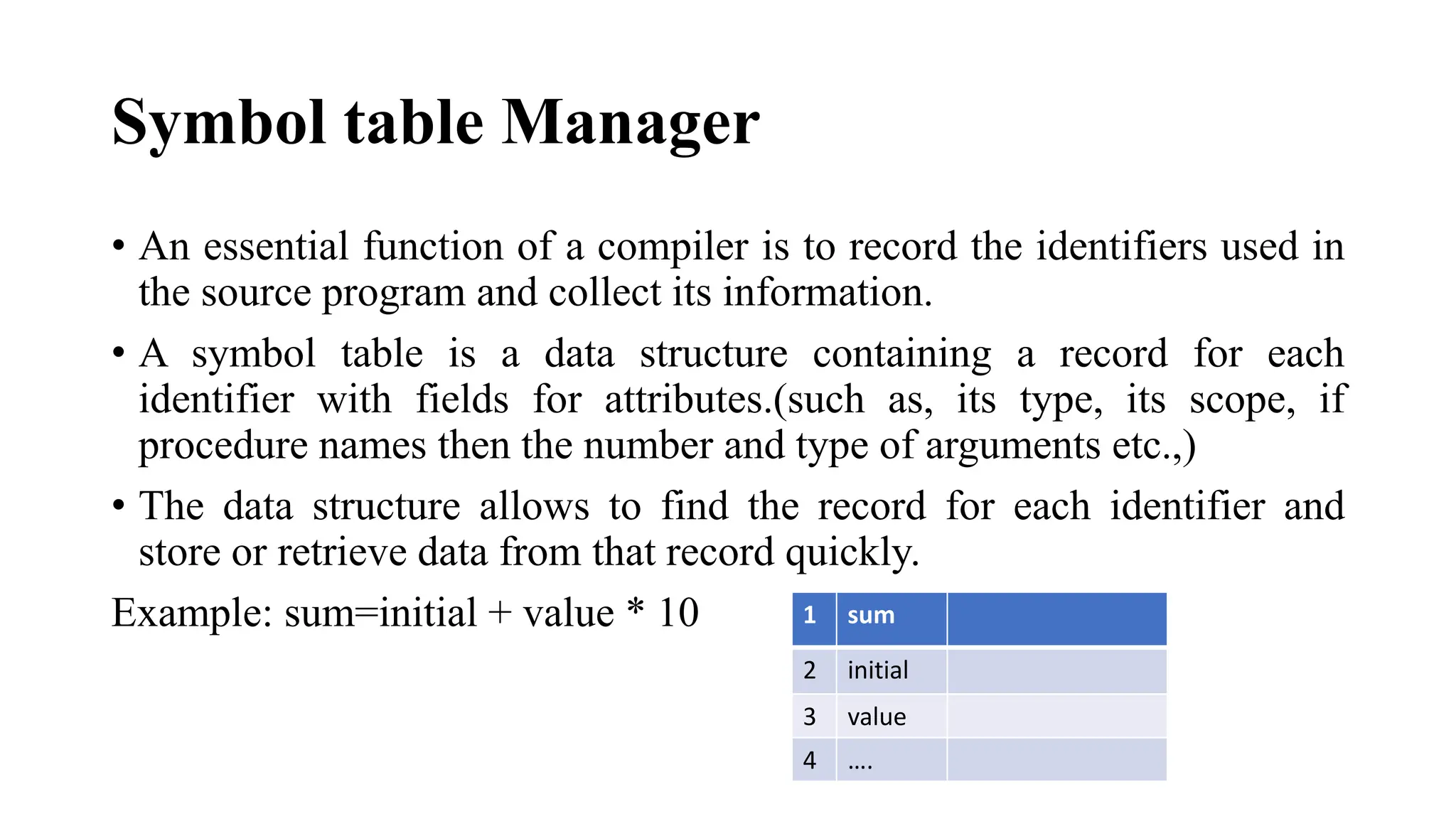 Symbol table Manager
• An essential function of a compiler is to record the identifiers used in
the source program and collect its information.
• A symbol table is a data structure containing a record for each
identifier with fields for attributes.(such as, its type, its scope, if
procedure names then the number and type of arguments etc.,)
• The data structure allows to find the record for each identifier and
store or retrieve data from that record quickly.
Example: sum=initial + value * 10 1 sum
2 initial
3 value
4 ….
 