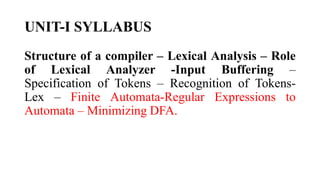 UNIT-I SYLLABUS
Structure of a compiler C Lexical Analysis C Role
of Lexical Analyzer -Input Buffering C
Specification of Tokens C Recognition of Tokens-
Lex C Finite Automata-Regular Expressions to
Automata C Minimizing DFA.
 